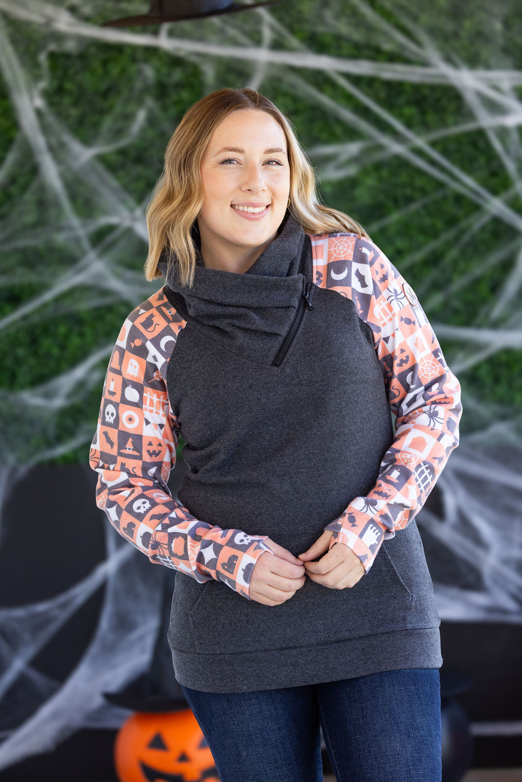 Zoey ZipCowl Sweatshirt -Trick-or-Treat Checkered and Charcoal